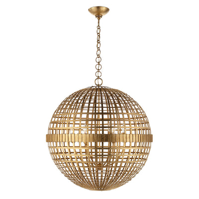 The Mill Globe Lantern is a large gild pendant light with a globe shade and a chain hanger.