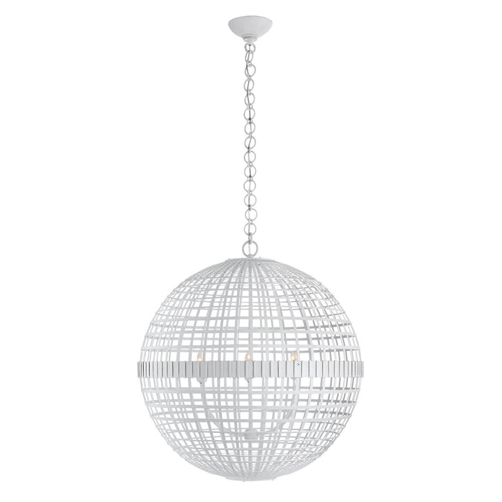 The Mill Globe Lantern is a large plaster white pendant light with a globe shade and a chain hanger.