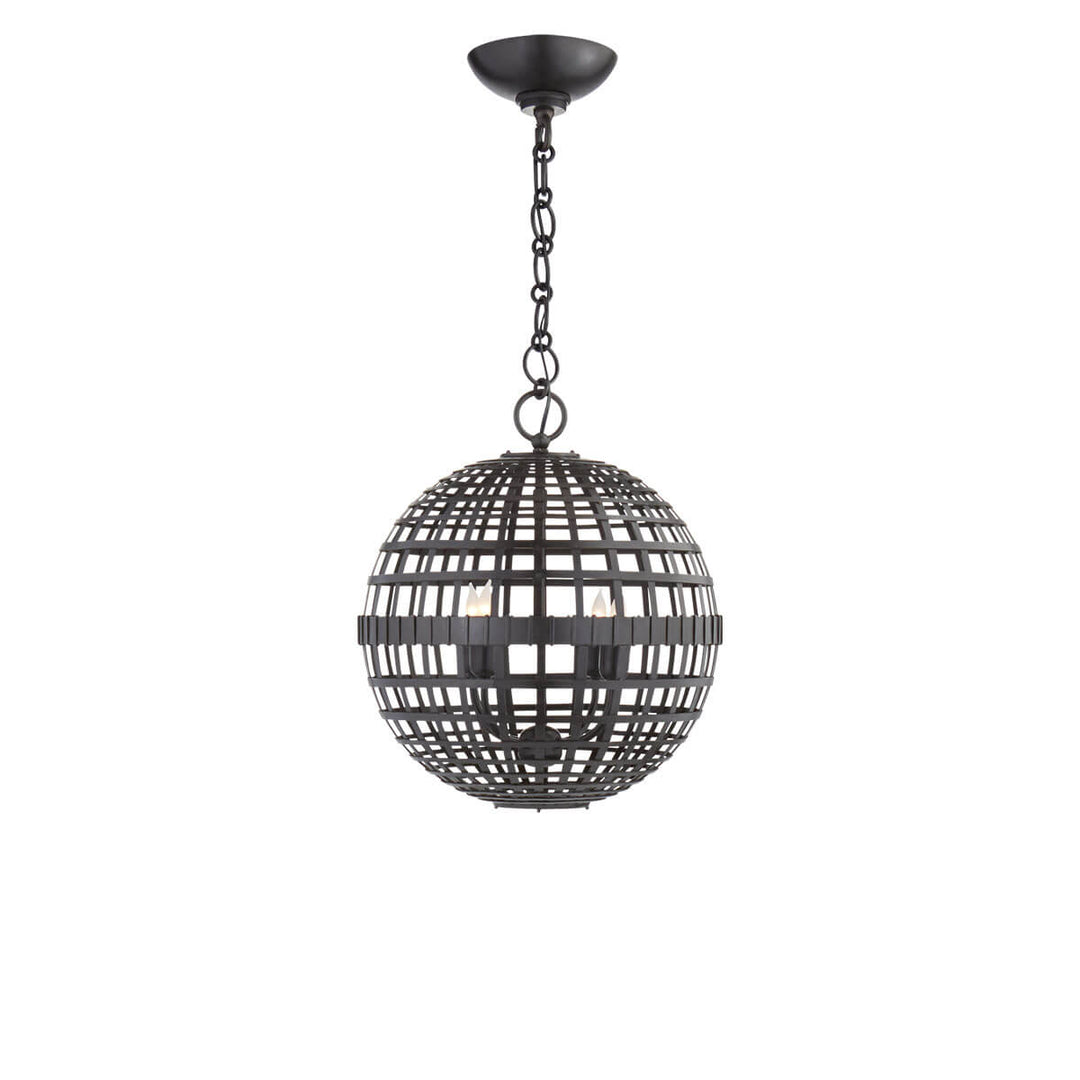 The Mill Globe Lantern is a small aged iron pendant light with a globe shade and a chain hanger.