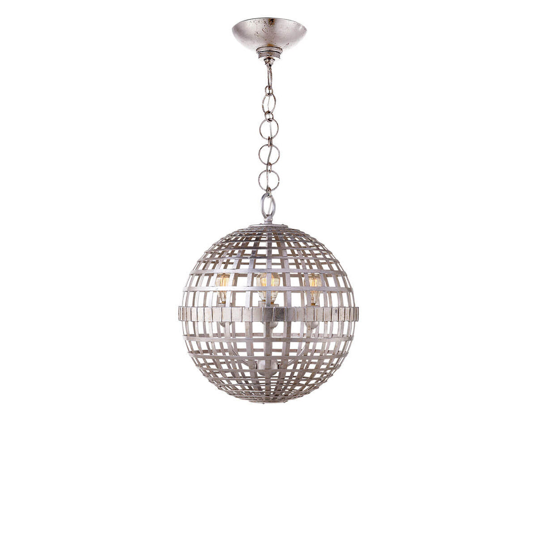 The Mill Globe Lantern is a small burnished silver leaf pendant light with a globe shade and a chain hanger.
