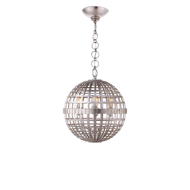The Mill Globe Lantern is a small burnished silver leaf pendant light with a globe shade and a chain hanger.