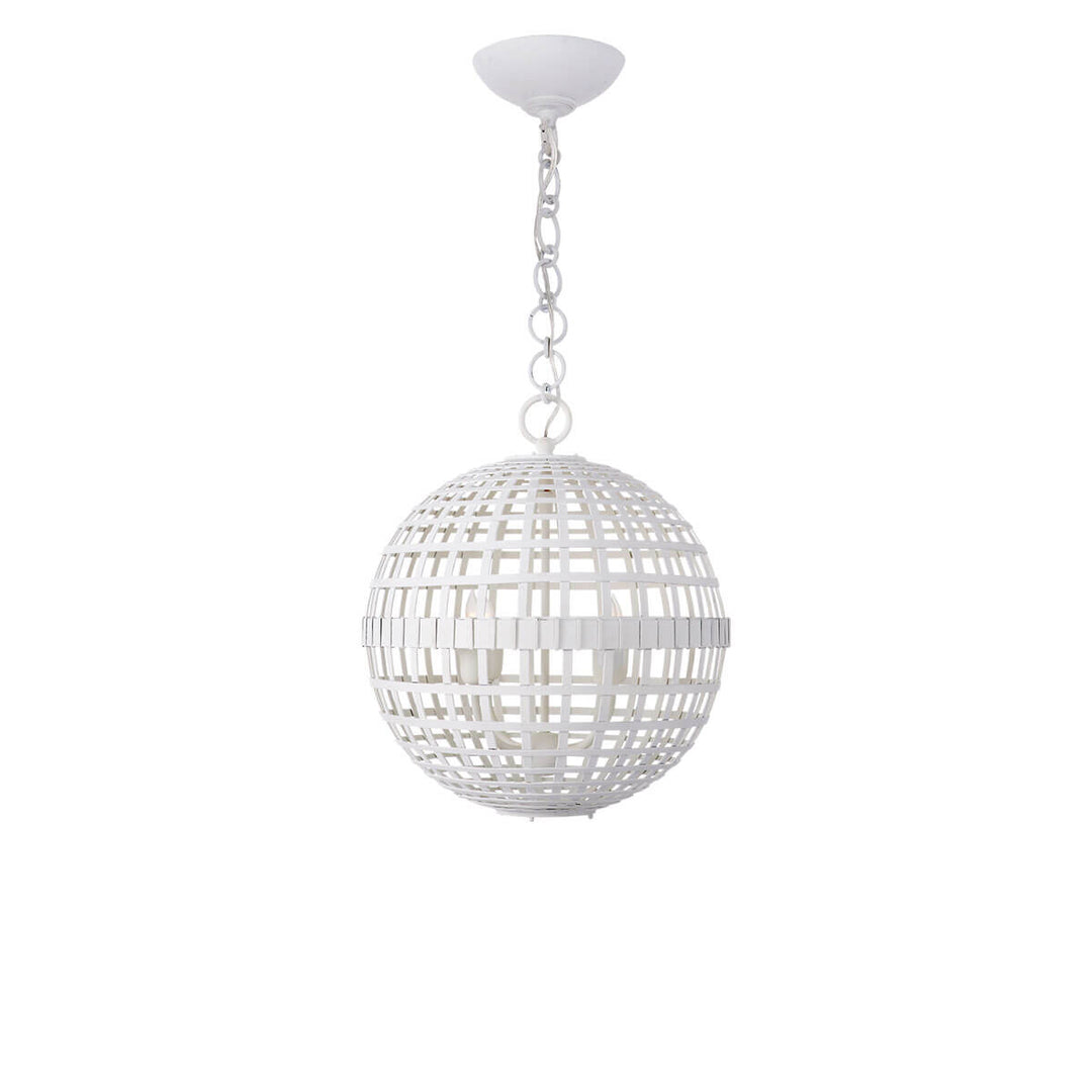The Mill Globe Lantern is a small plaster white pendant light with a globe shade and a chain hanger.
