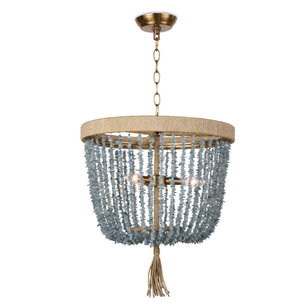 The Kuta Chandelier is a beaded chandelier with a rattan-wrapped frame, chain hanger, and aqua shard beads.
