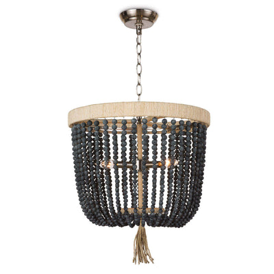 The Kuta Chandelier is a beaded chandelier with a rattan-wrapped frame, chain hanger, and blue black round beads.