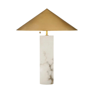 Minimalist table lamp with alabaster base and brass cone shade.