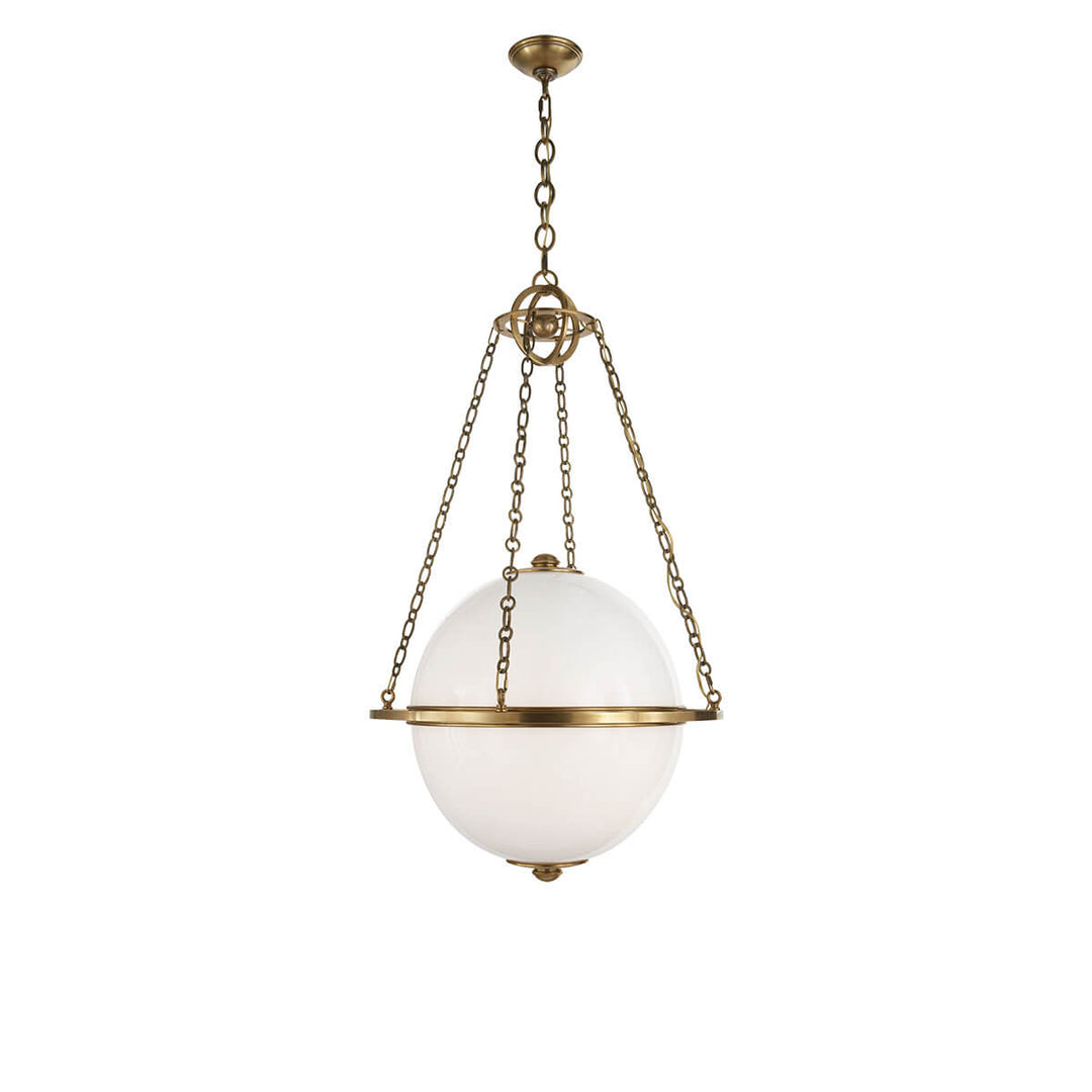 The Modern Globe Lantern has a white glass globe light hanging from a hand-rubbed antique brass chair and ring bracket.