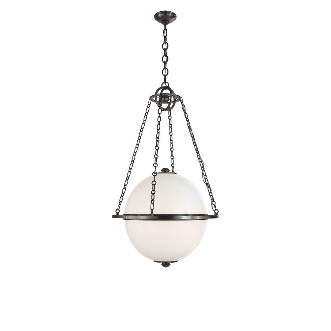 The Modern Globe Lantern has a white glass globe light hanging from a bronze chair and ring bracket.