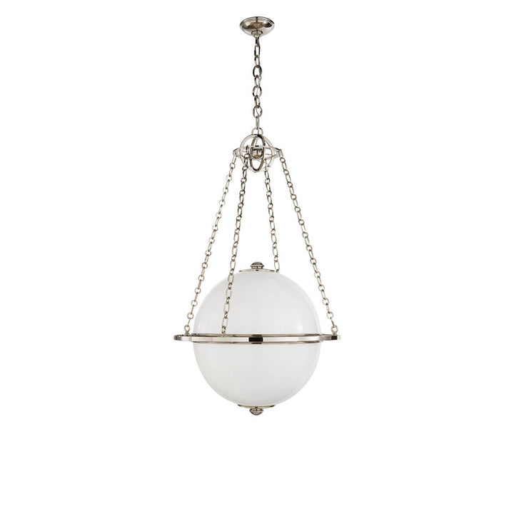 The Modern Globe Lantern has a white glass globe light hanging from a polished nickel chair and ring bracket.