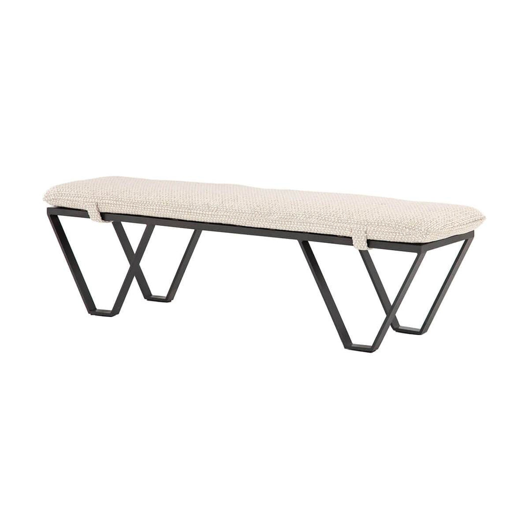 Modern, front entrance bench with triangle shaped iron legs and an off-white upholstered seat.