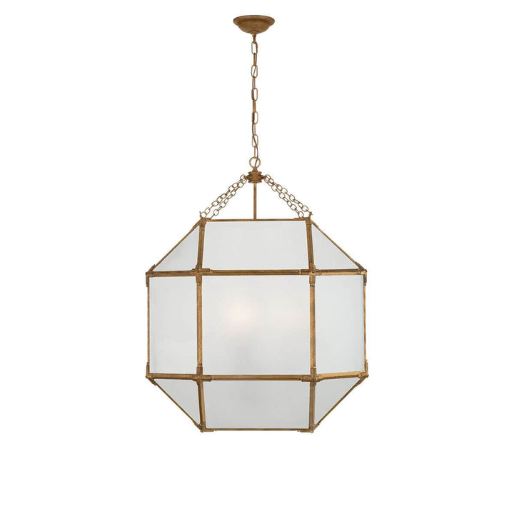 The Bruggen Large Lantern has three candelabra lights in the middle of a gilded iron cage-like frame with visible joints and frosted glass panels.
