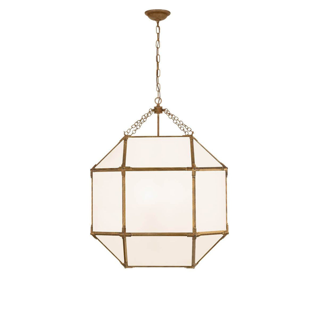 The Bruggen Large Lantern has three candelabra lights in the middle of a gilded iron cage-like frame with visible joints and white glass panels.