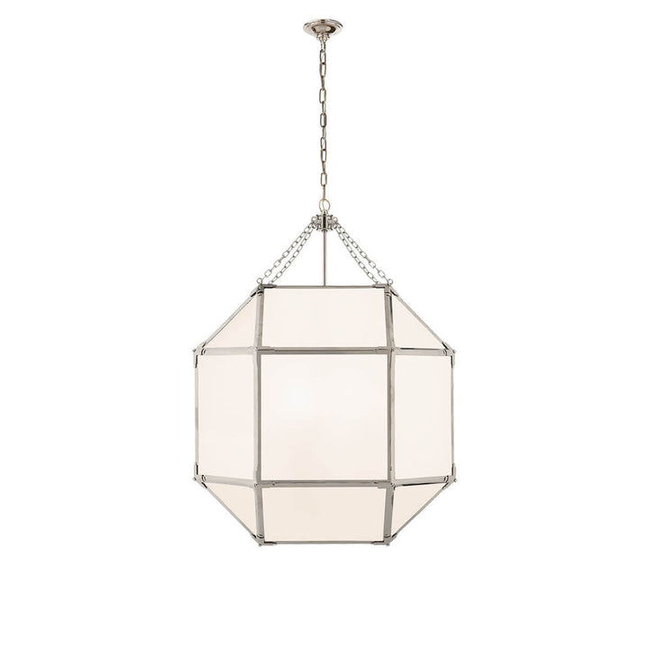 The Bruggen Large Lantern has three candelabra lights in the middle of a polished nickel cage-like frame with visible joints and white glass panels.