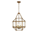 The Morris Lantern has three candelabra lights in the middle of a gilded iron cage-like frame with visible joints and clear glass panels.