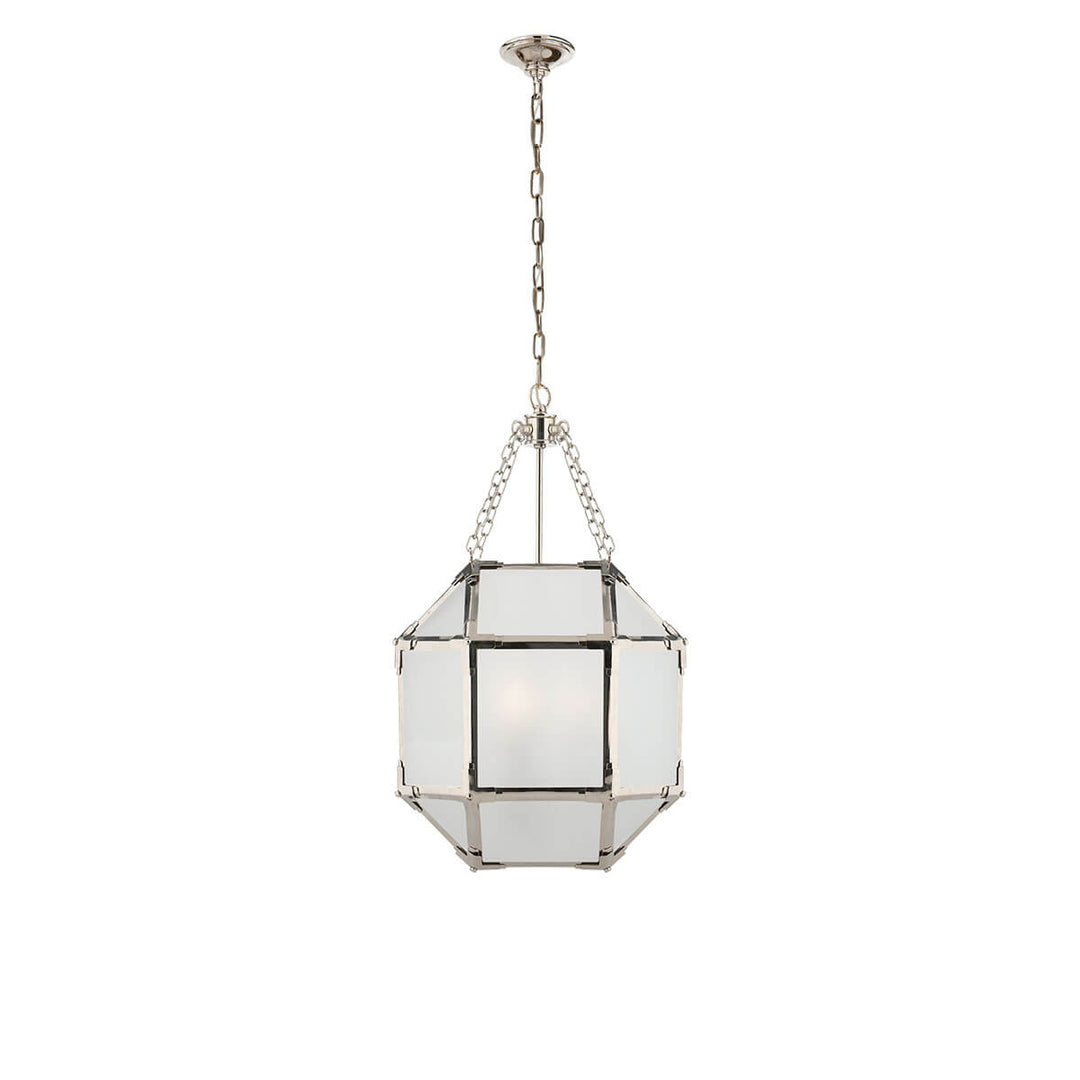 The Morris Lantern has three candelabra lights in the middle of a polished nickel cage-like frame with visible joints and frosted glass panels.