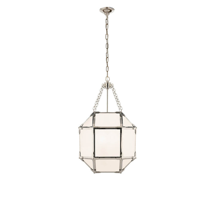 The Morris Lantern has three candelabra lights in the middle of a polished nickel cage-like frame with visible joints and white glass panels.