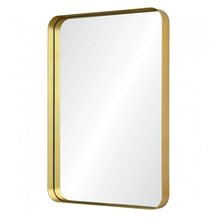 Modern gold mirror with rounded corners.