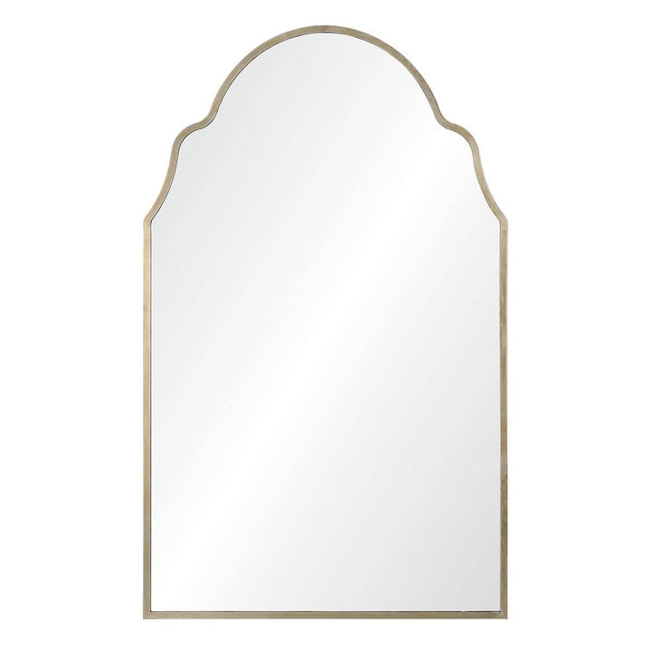 The Arabel Mirror is a minimal, glam mirror with a scalloped shape and slender iron frame in an antique silver finish.