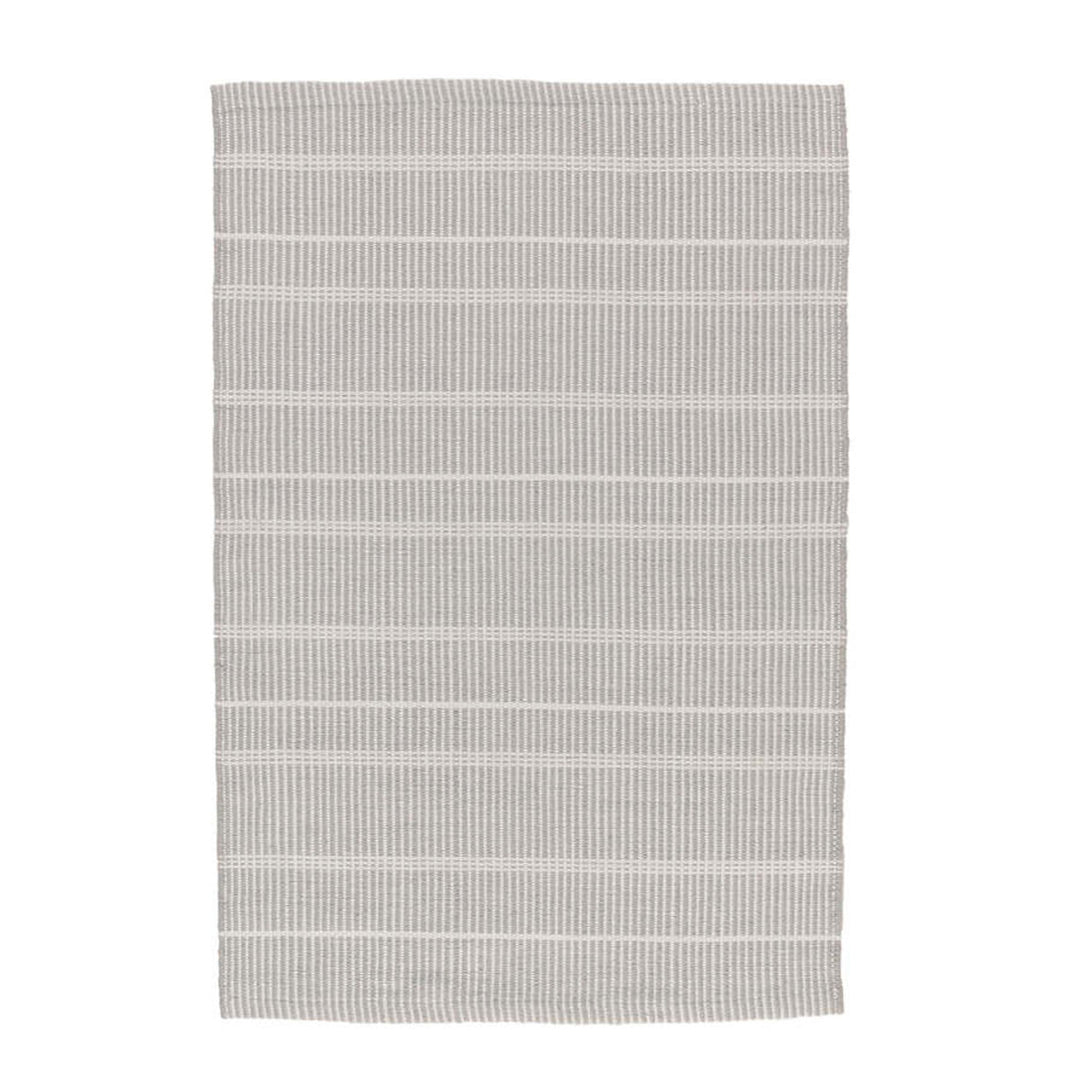 Grey Indoor and Outdoor Rug. Striped grey and white rug made out of recycled plastic bottles.