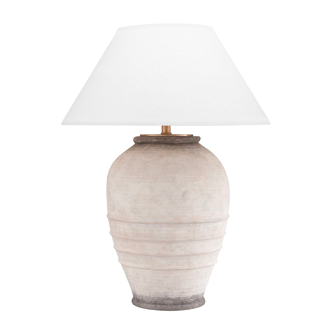 Stone base table lamp with Belgian linen lamp shade.
