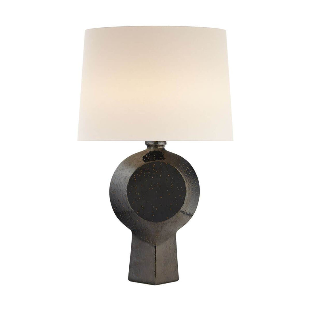Modern black table lamp with a statuesque, speckled black ceramic base and white linen lamp shade.