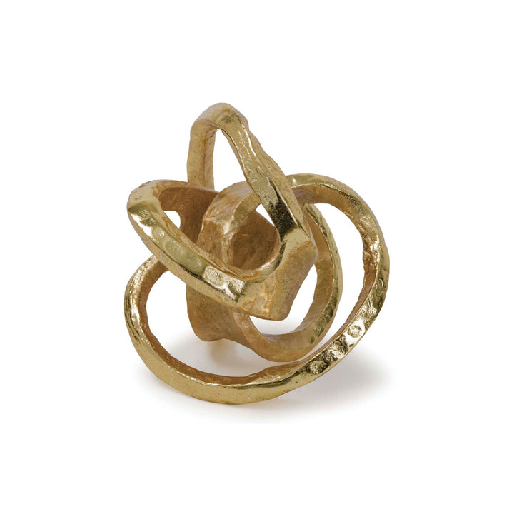 Modern sculpture of a metal knot made out of aluminum with a gold finish.