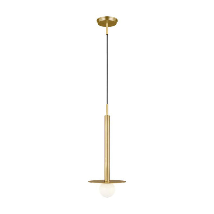 Manila Pendant. Modern linear pendant with a circular shield and bulb in a burnished brass finish.