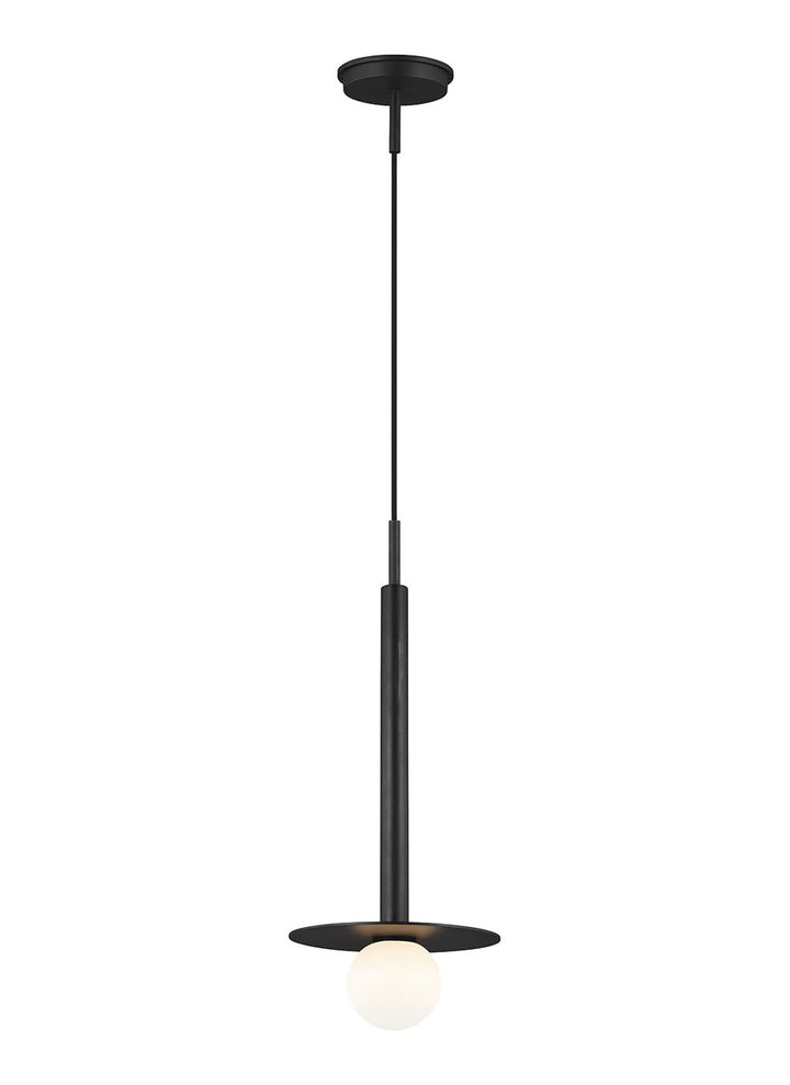 Manila Pendant. Modern linear pendant with a circular shield and bulb in a midnight black finish.