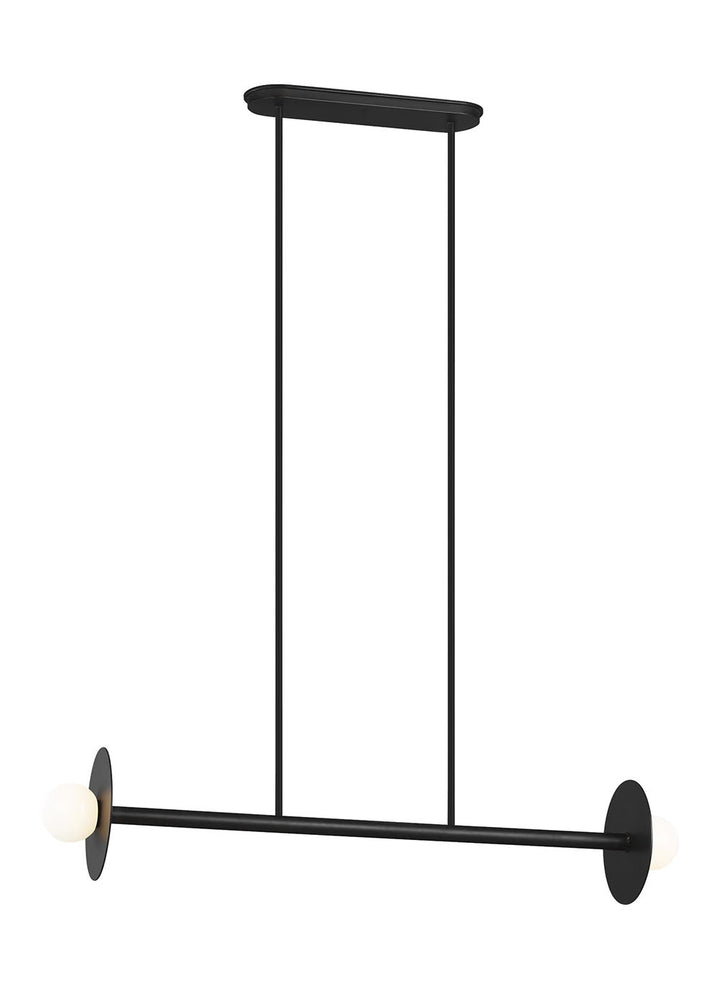 Manila Linear Chandelier Small with a midnight black finish and two opposing bulbs.