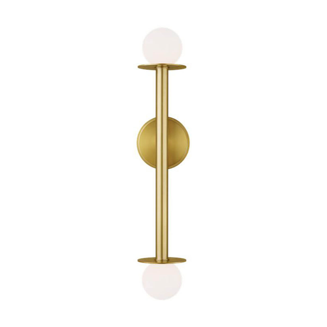 The Manila Double Wall Sconce in a burnished brass finish with glass globes and a vertical stem.