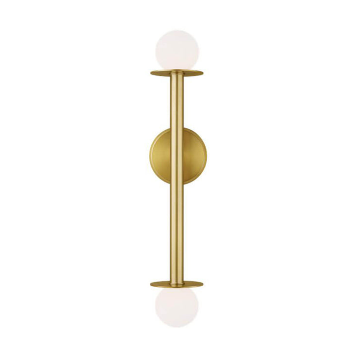The Manila Double Wall Sconce in a burnished brass finish with glass globes and a vertical stem.