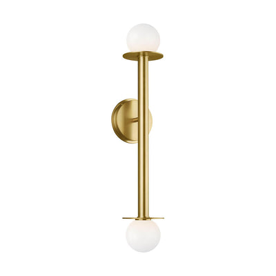 Minimal wall scone with white glass globes and a vertical stem with a burnished brass finish.