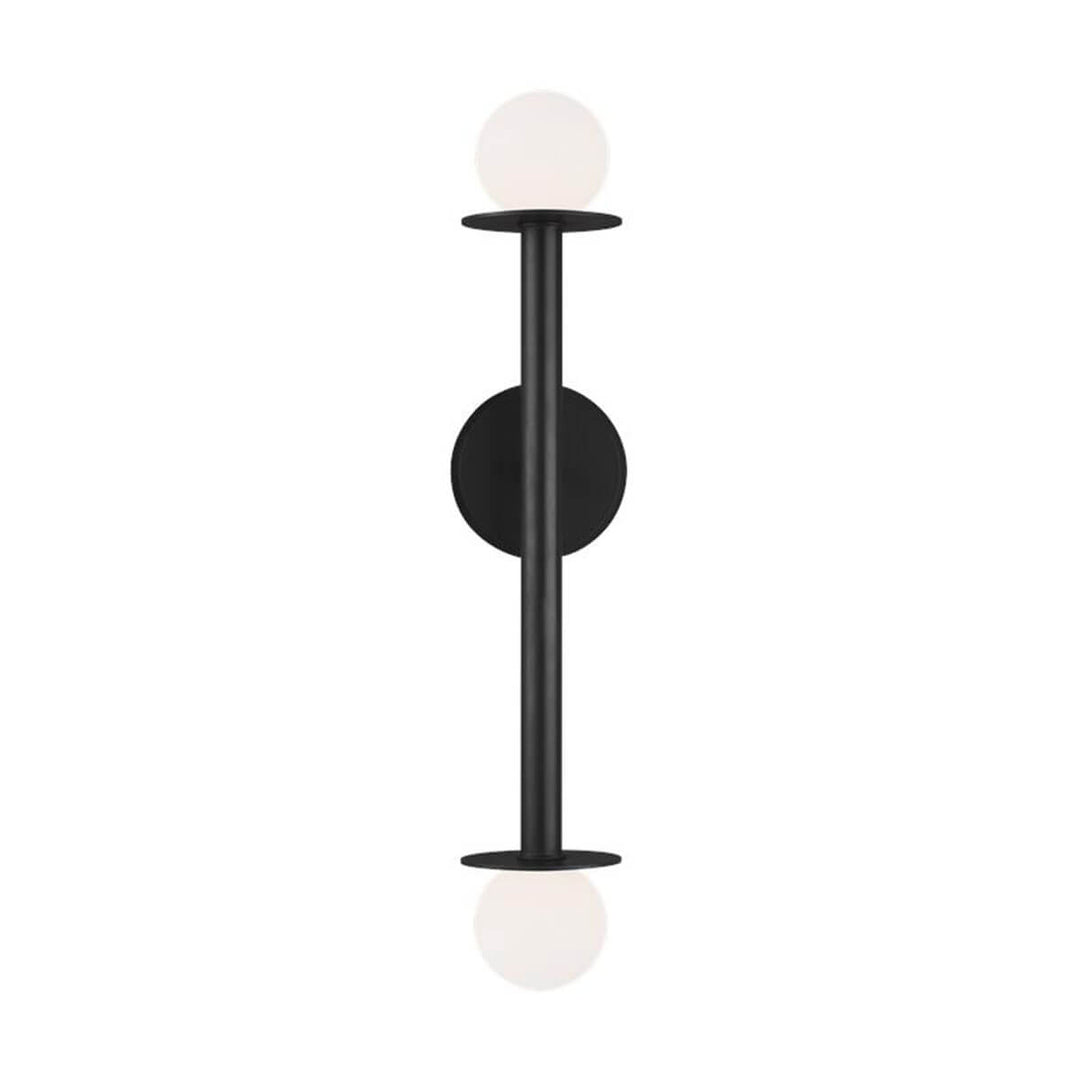 The Manila Double Wall Sconce in a midnight black finish with glass globes and a vertical stem.