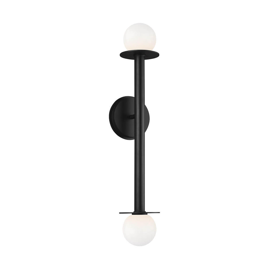 Modern wall sconce with a black vertical stem and double glass globe lamp shades.