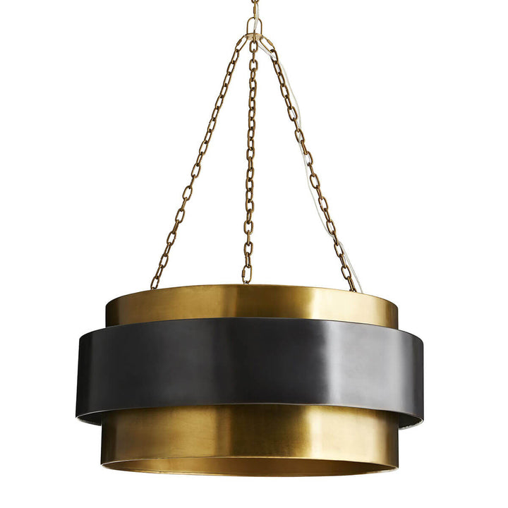 Troyes Large Pendant. Mid-century modern large pendant with a brass circular frame and dark bronze accent band.