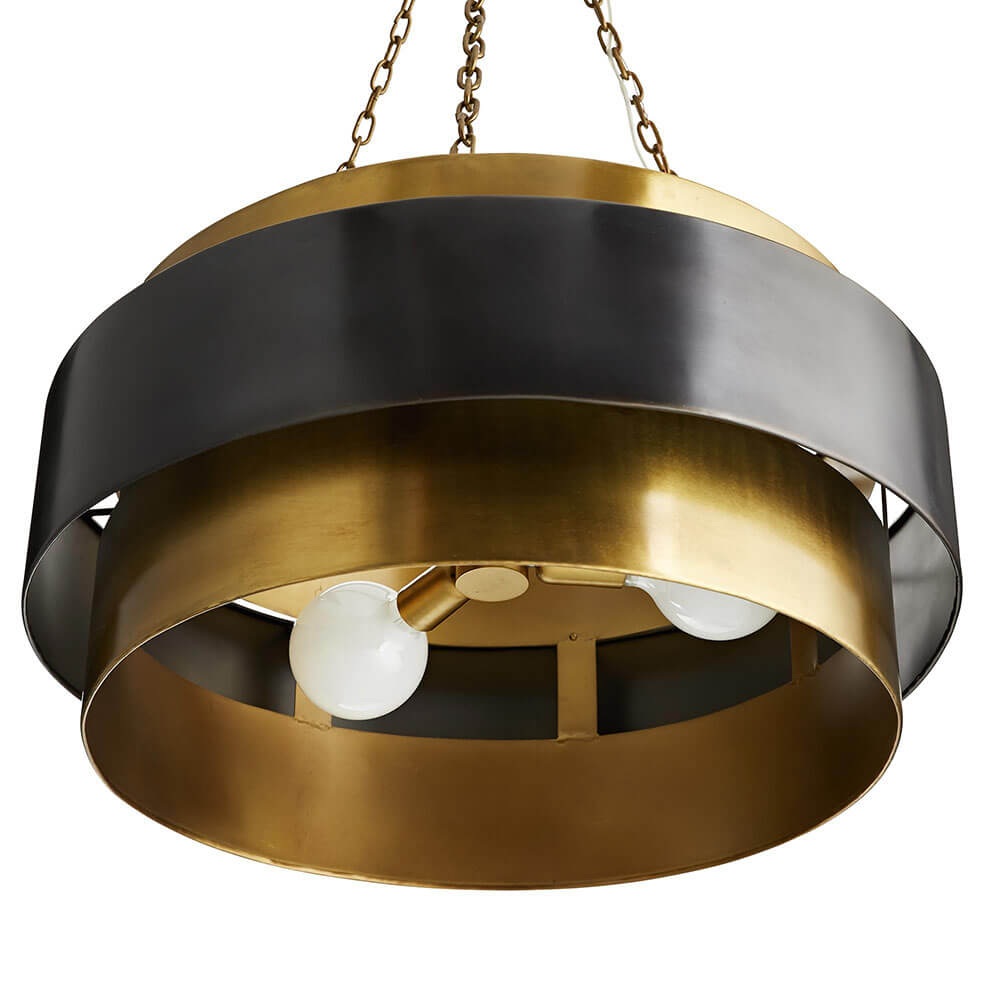 Underside of the Troyes Large Pendant showing the bulbs, round brass frame and dark bronze accent band.