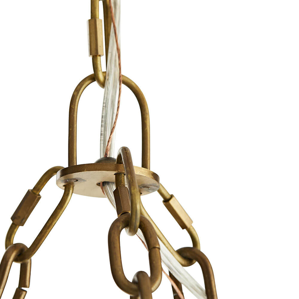 Chain hanger details with an antique brass finish.