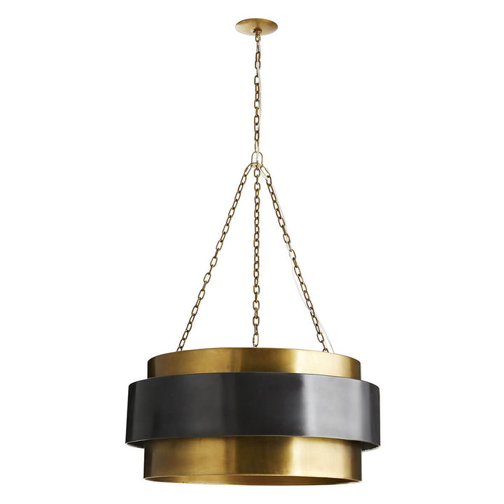 Midcentury modern dining room pendant with a large antique brass frame with a dark bronze accent band.