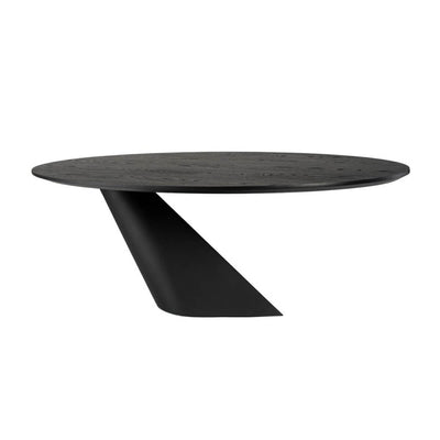 The Ufa Dining Table has an angled base and round tabletop.