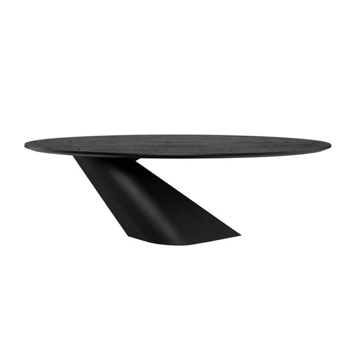 Contemporary black dining table with an angled base and round tabletop.