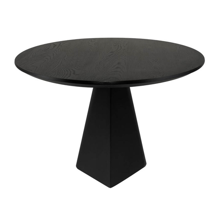 Modern round wood dining room table with an angled base and black finish.