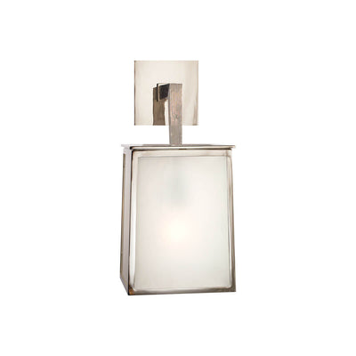 The Ojai Wall Sconce has a polished nickel cubed frame with frosted glass panels and a square backplate.
