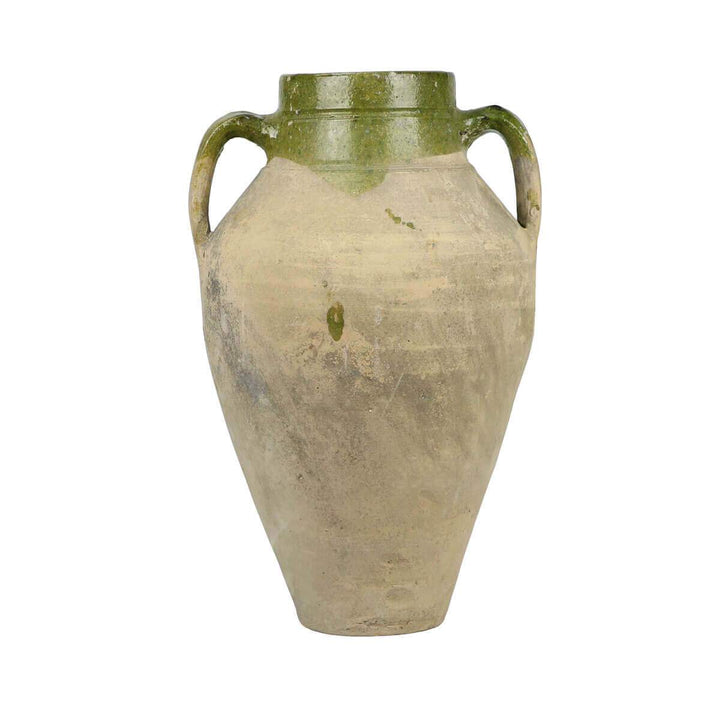 Large vintage clay jar with two handles and dark green details.