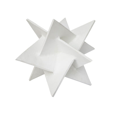 Modern white aluminum sculpture shaped like an origami star.