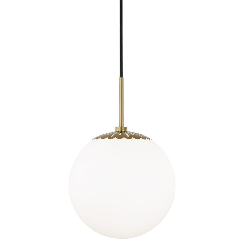 Adelaide Pendant in an aged brass finish. White glass globe pendant light in an aged brass finish.