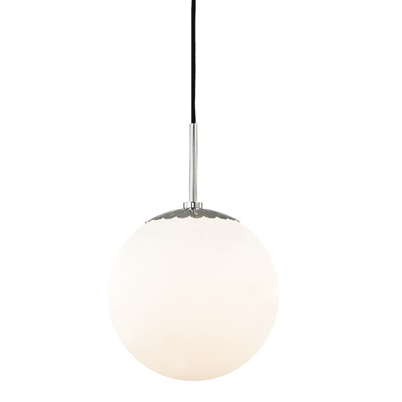 Adelaide Pendant in an polished nickel finish. White glass globe pendant light in an a polished nickel finish.
