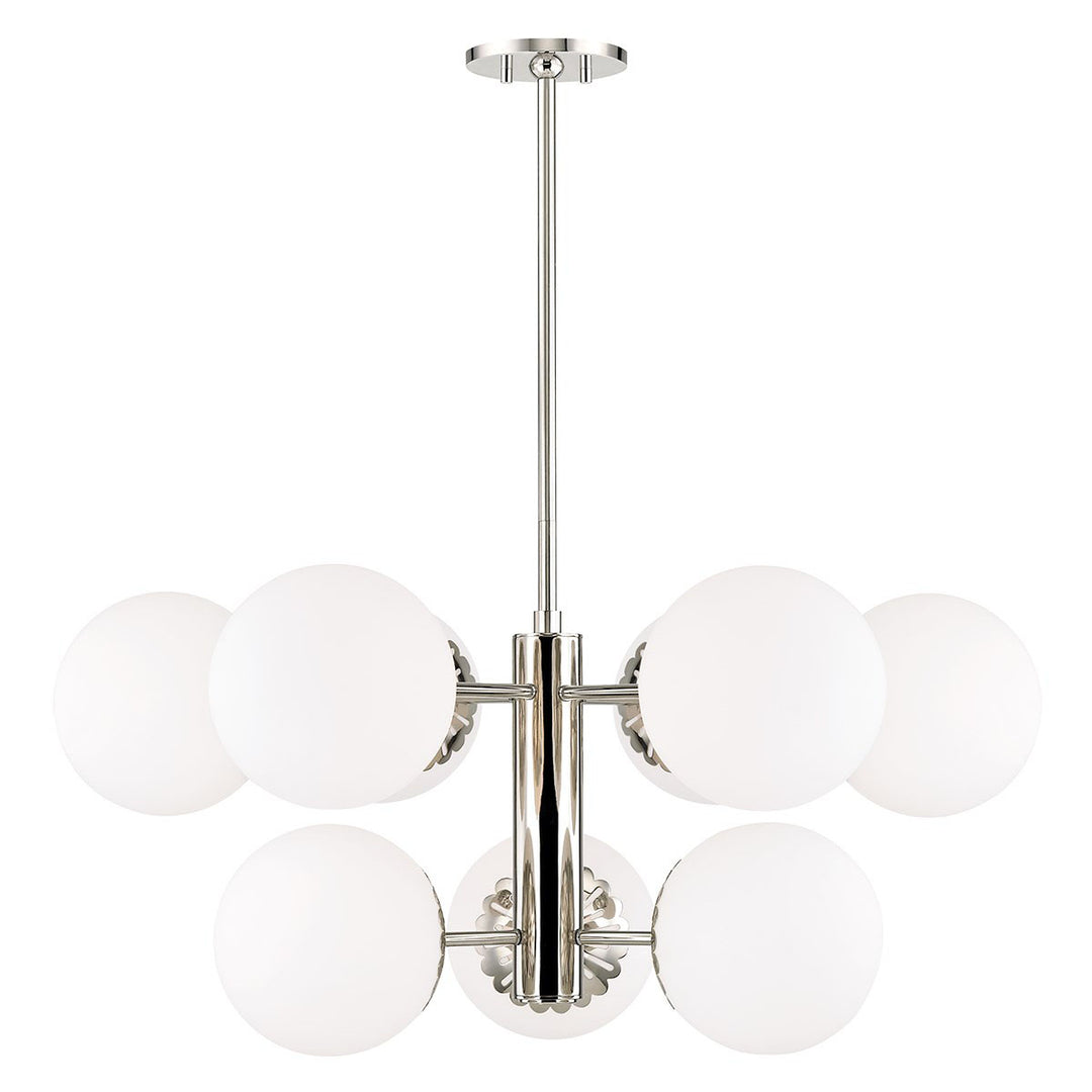 Adelaide Chandelier in polished nickel. Polished nickel ceiling light with glass globes.