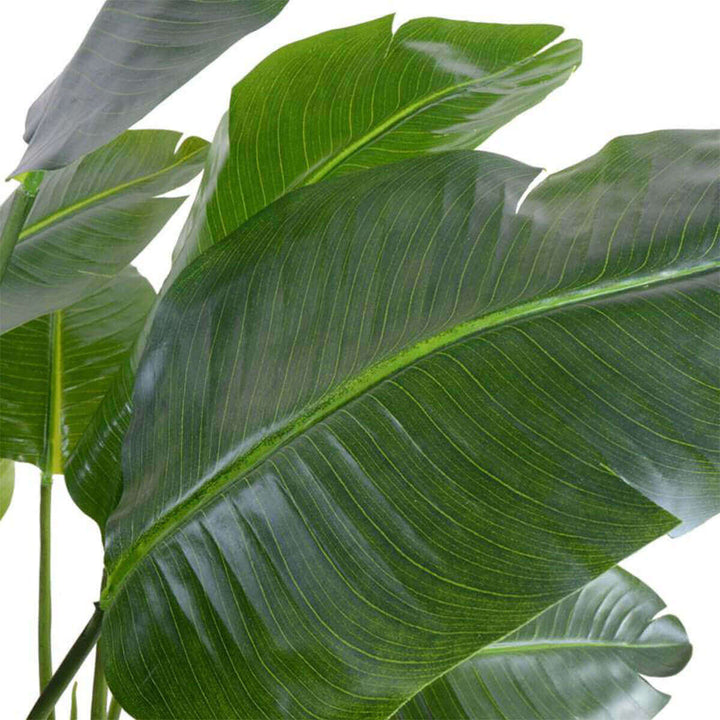 Large, dark green leaves on the artificial palm tree decor.