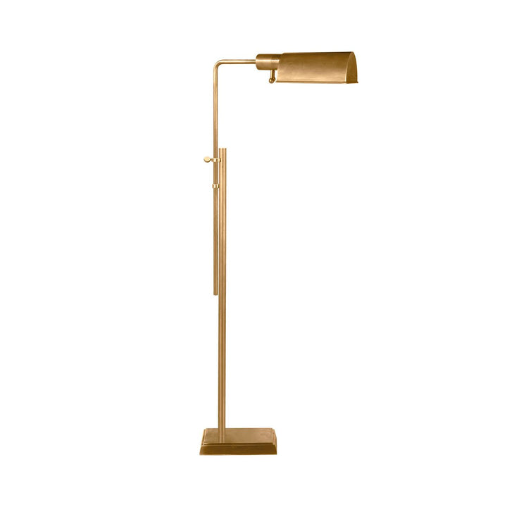 The Pask Pharmacy Floor Lamp has dome-like metal shade in a hand-rubbed antique brass finish and has adjustable height and a pharmacy lamp look.