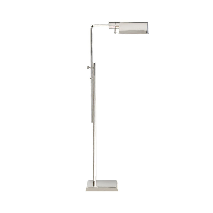 The Pask Pharmacy Floor Lamp has dome-like metal shade in a polished nickel finish and has adjustable height and a pharmacy lamp look.