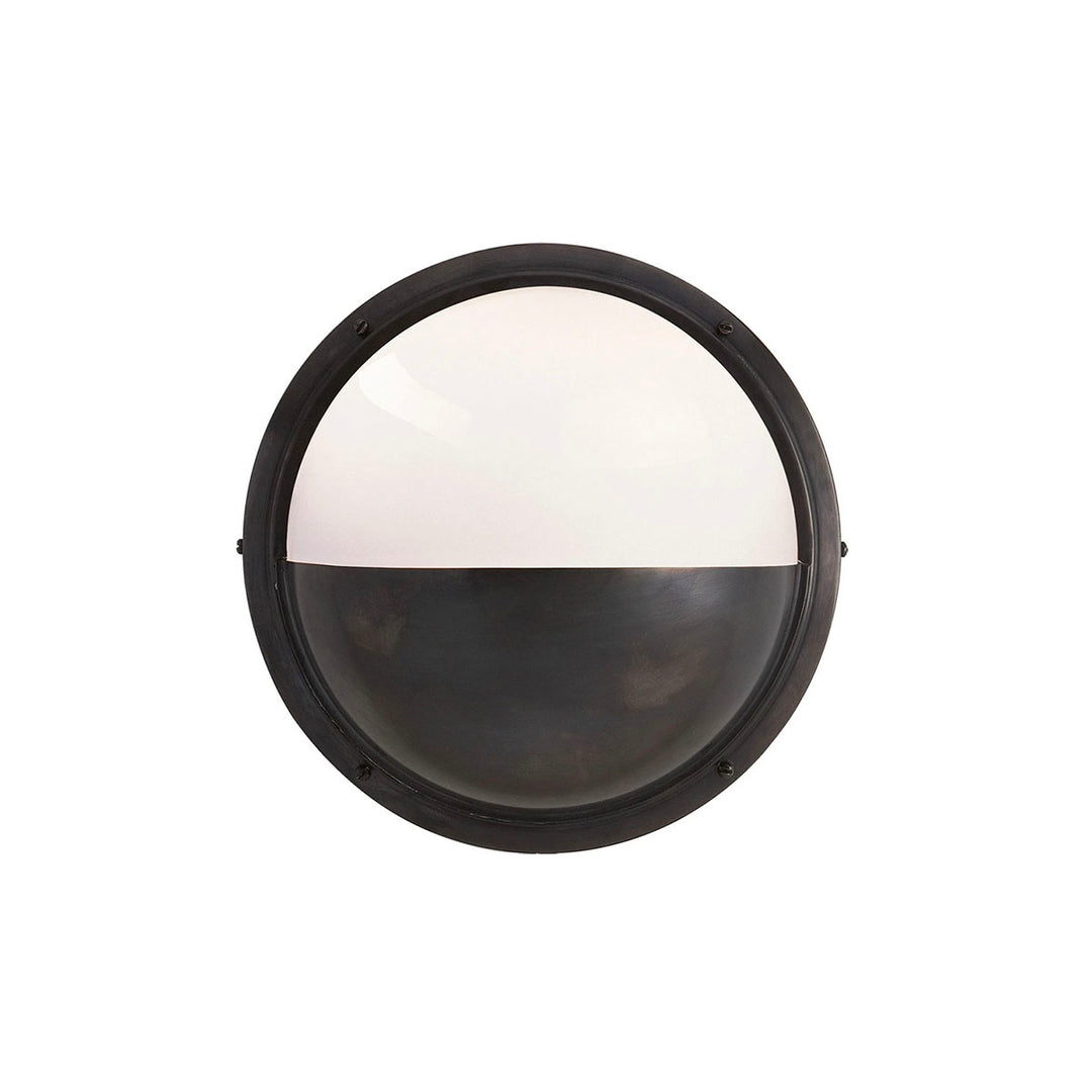 The Pelham Moon Light is a half sphere globe combining bronze with white glass.